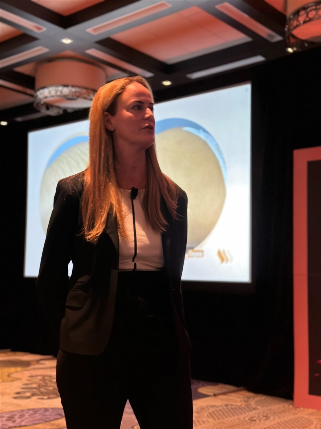 Harlenne speaking at a PMU conference